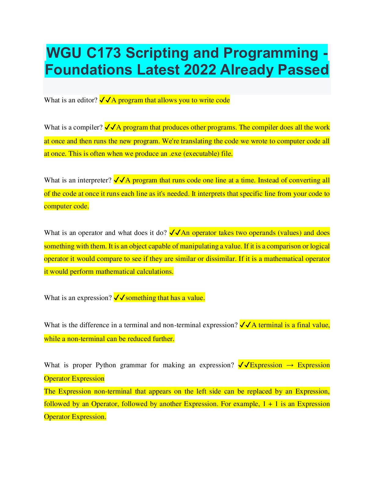 WGU C173 Scripting and Programming Latest 2022 Rated A+